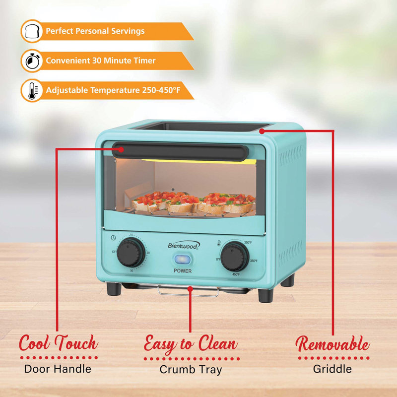 Blue Stainless Steel Mini Toaster Oven with Adjustable Timer