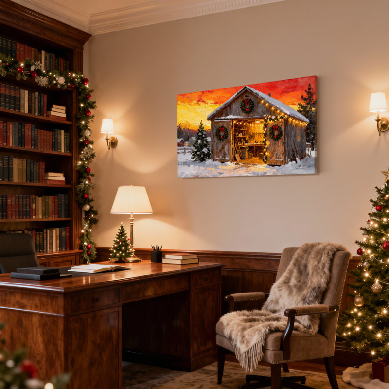 Grange de Noël avec lumières et couronnes, ensemble de 3 impressions d'art sur toile, H 20 po x l 30 po