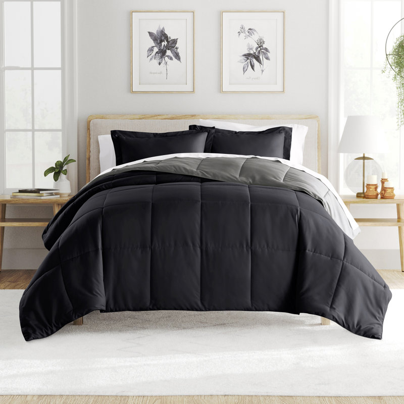 Ensemble d'édredon réversible en microfibre , Édredon simple / simple XL + 1 taie décorative, Noir
