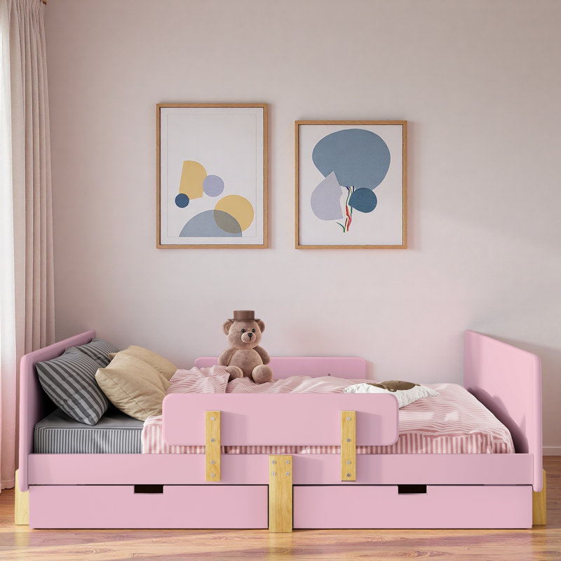 Lit plateforme avec tiroirs de rangement, garde-corps, petite tablette et crochets, Lit double, Rose