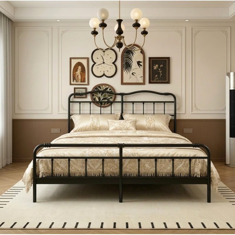14"California King Size Bed Frame With Iron-Art Headboard, Metal Platform Bed Frame With Heavy Duty Support Slats, Easy To Assemble, No Box Spring Needed, Black