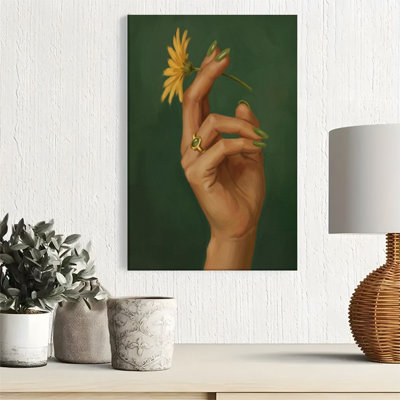 1pc Framed Canvas Wall Art Prints Poster, Holding daisies, green nails and gold rings, realistic oil painting style Art Posters Canvas Print Painting