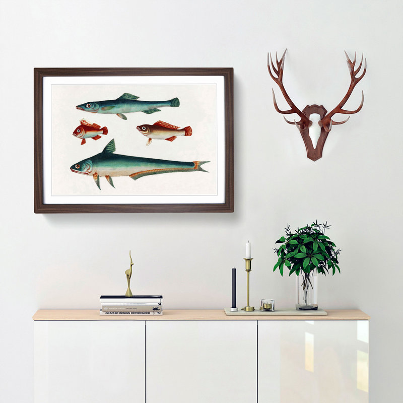 Two Brown and Green Fish - Picture Frame Painting Print, 36cm H x 48cm W x 2cm D, Walnut Framed