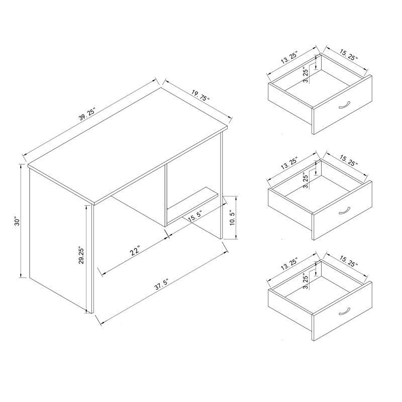 Bureau pour étudiant avec trois tiroirs de rangement verrouillables - glissières en métal, compartiments de travail modeste