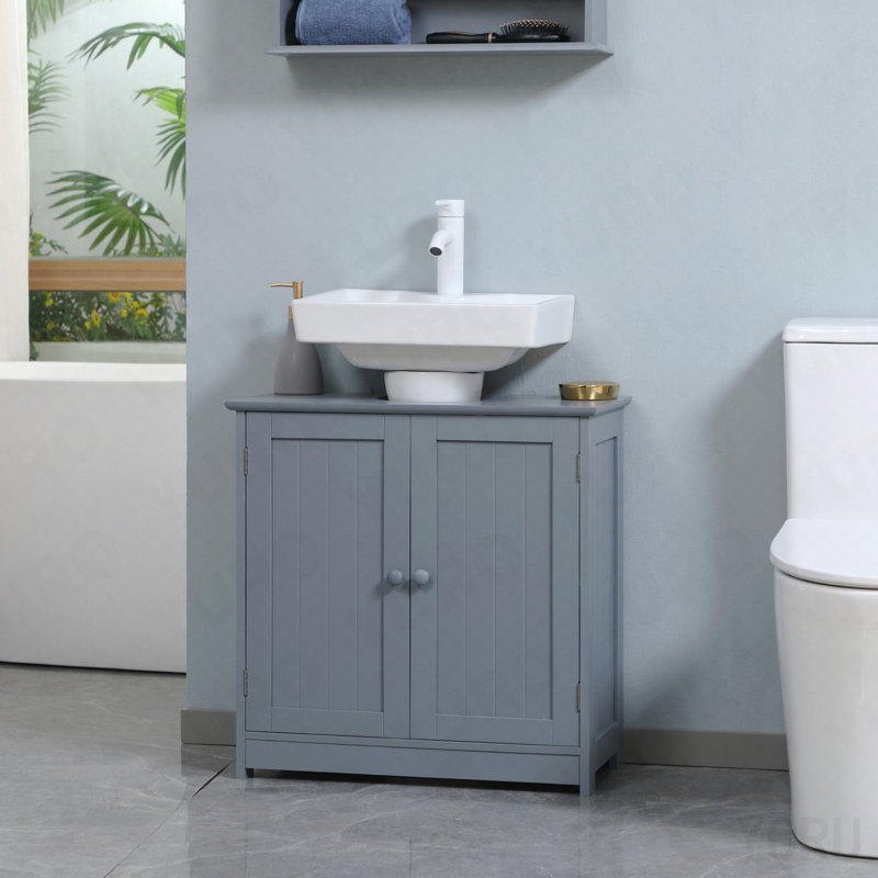 Armoire de salle de bain sous le lavabo avec 2 portes et tablette, meuble-lavabo à piédestal, gris