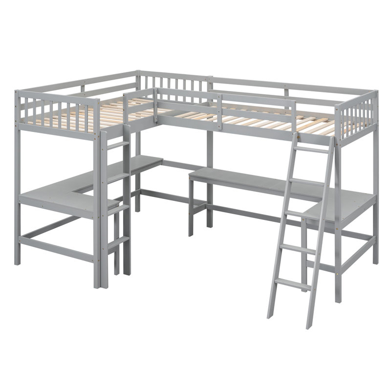 Wood Twin Size L-Shaped Loft Bed with Ladder and 2 Built-in L-Shaped Desks, Grey