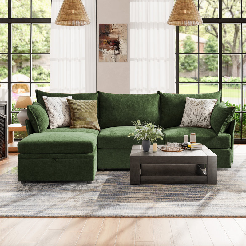 Merchelle 103' Wide Reversible Modern Modular Sectional Sofa With Storage Ottoman -Premium Chenille Fabric, Green Chenille