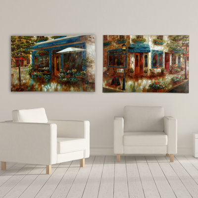 « annee à fleur d’angle et le petit café » par nan f, ensemble de 2 reproductions d’art sur toiles tendues