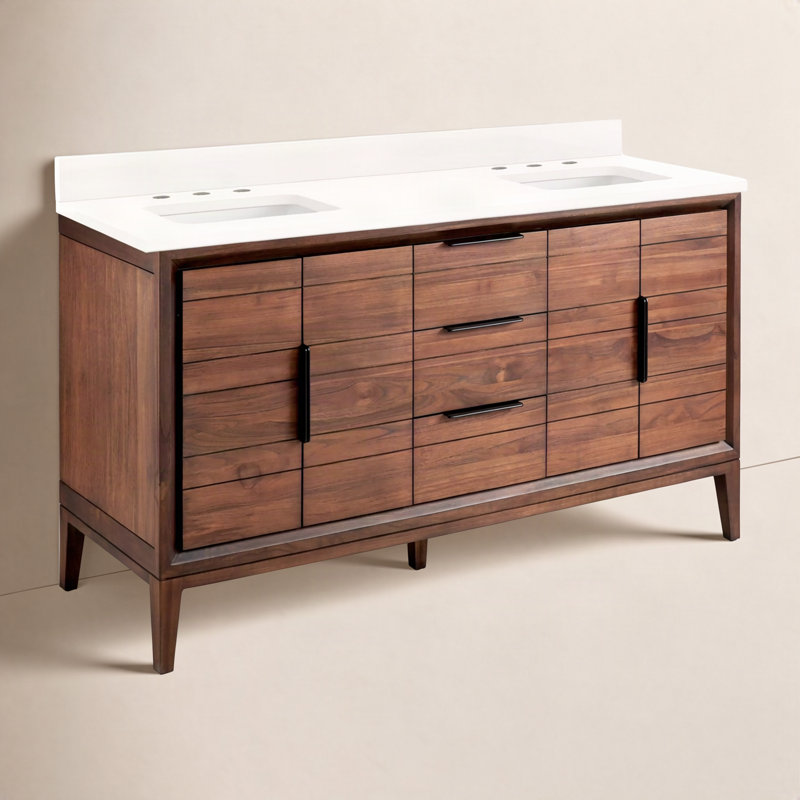 Aliso 60" Double Bathroom Vanity, Arctic White Quartz, 8" Widespread, Java