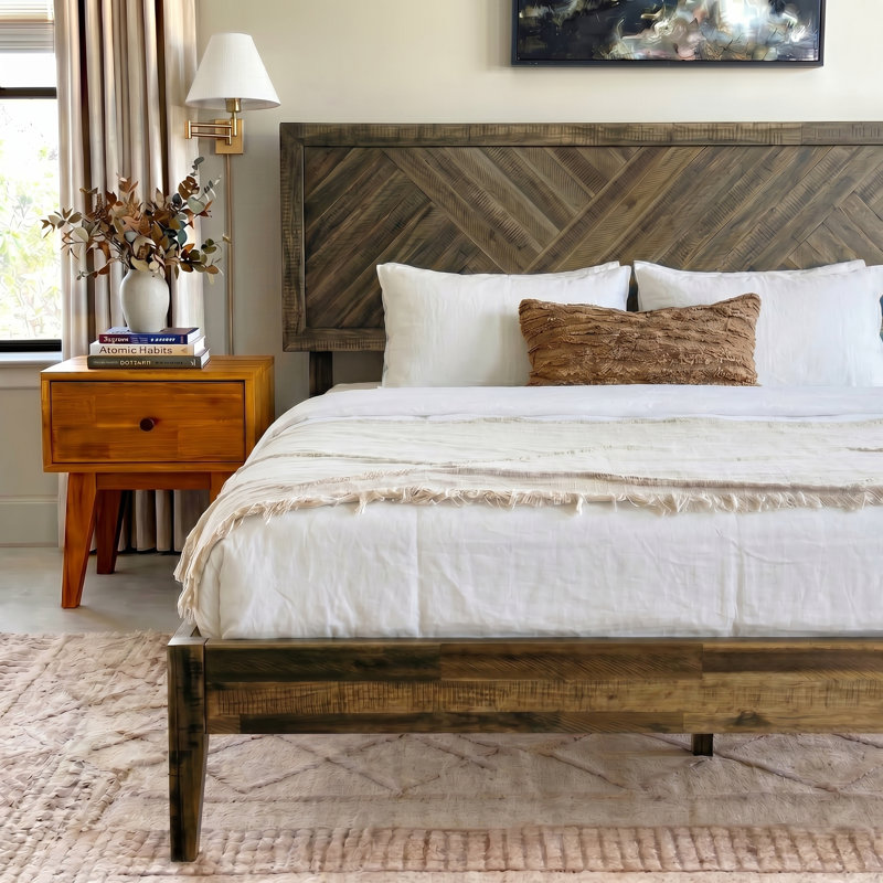 Sierra Solid Wood Bed Frame with Adjustable Headboard / Handcrafted Platform Bed, Très grand, Moka et ébène