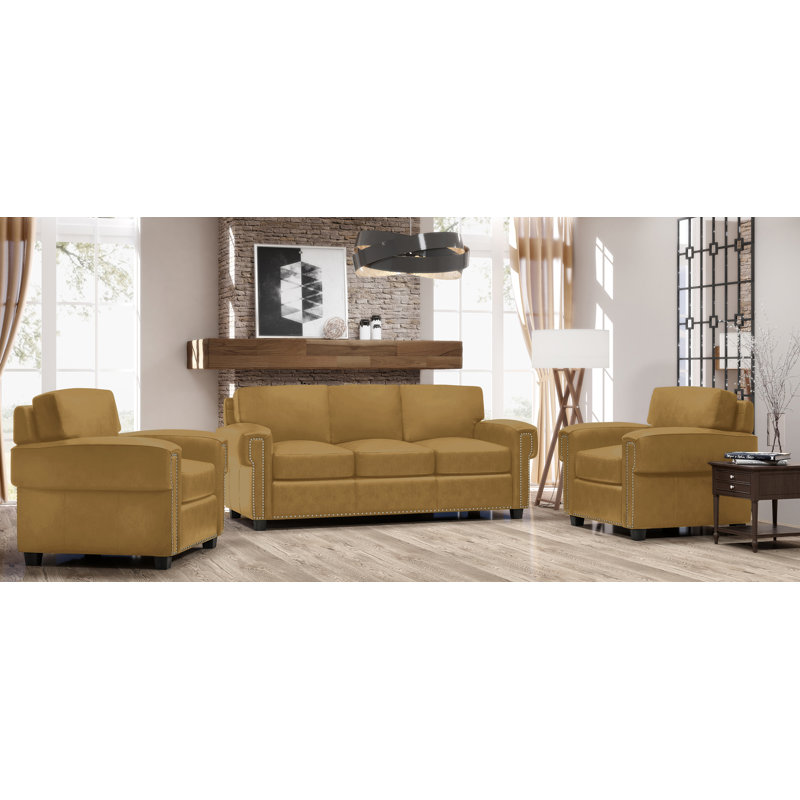 Ensemble de salon en cuir 3 pièces Fardin, Cuir véritable brun clair
