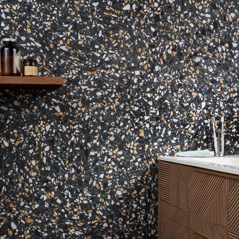 Terrazzo Italy Sacra 24x24 Honed Marble Tile, Cava Notte Black