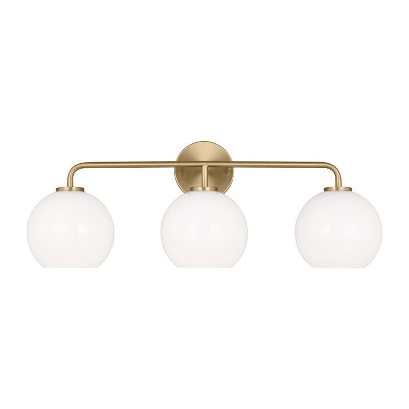 Childerley 26.5" W 3-Light Steel Vanity Light with Glass Globe Shades, Satin Brass, White