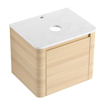 Meuble-lavabo mural de 61 cm (24 po) avec une porte à fermeture amortie, contreplaqué en chêne blanc américain, design moderne, installation peu encombrante, poignées à bord incliné à 45°, charnières à fermeture douce pour un confort optimal.