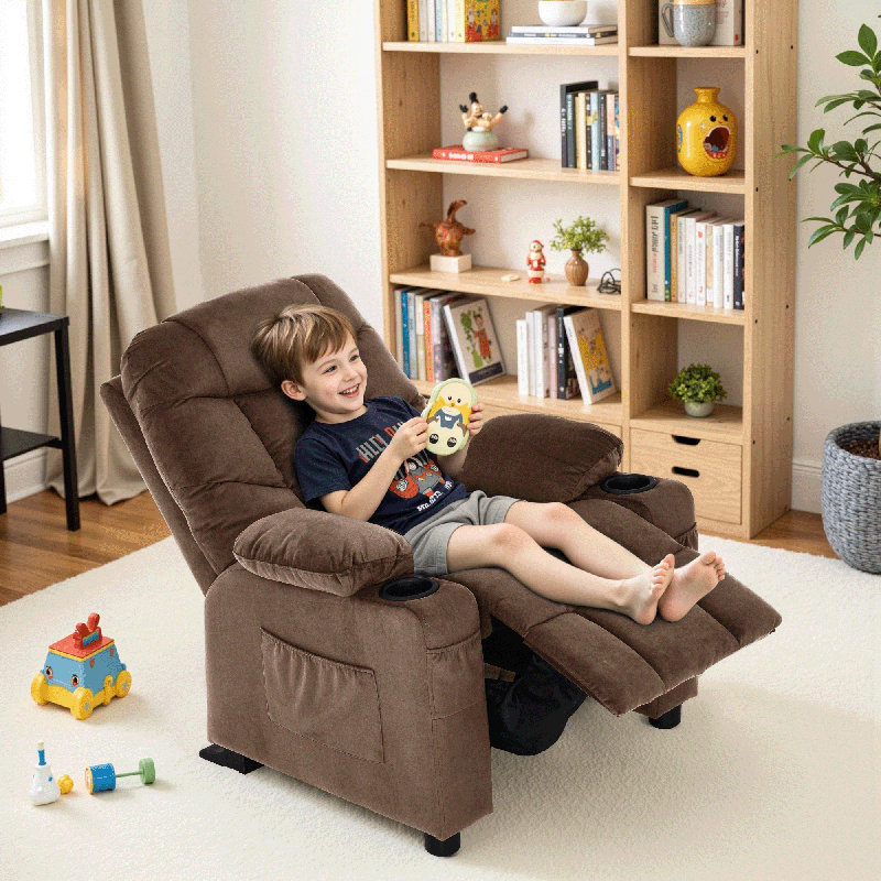 Goggin Kids Recliner with Anti-Tilt, Two Cup Holder, Fabric Upholstered, Brown