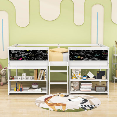 Twin Low Loft Bed With Shelves, Ladder & Chalkboard Guardrails