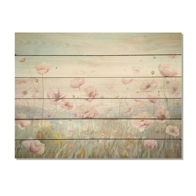Ranunculus rose sur fond de montagne I - Renoncule, art mural sur bois de pin naturel, H 30 po x l 40 po