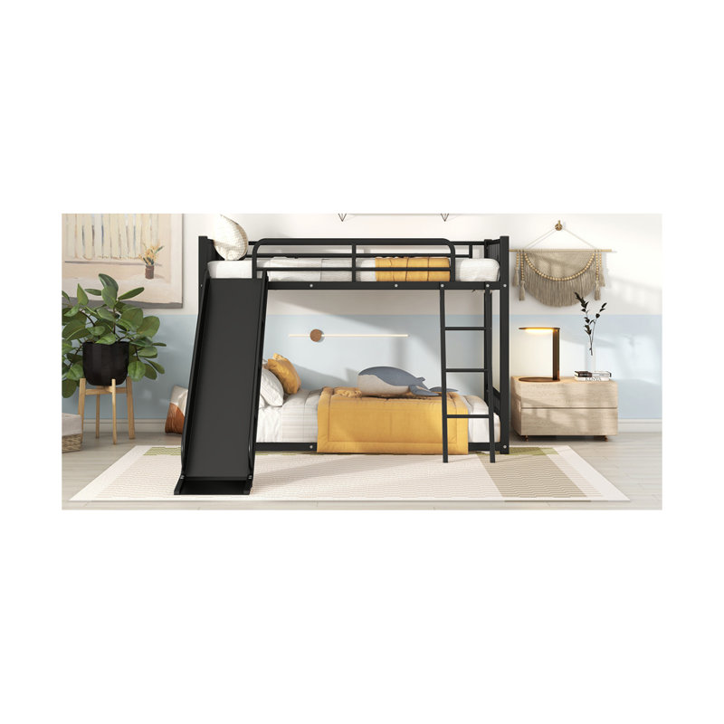 Metal Bunk Bed With Slide, Twin Over Twin, Black