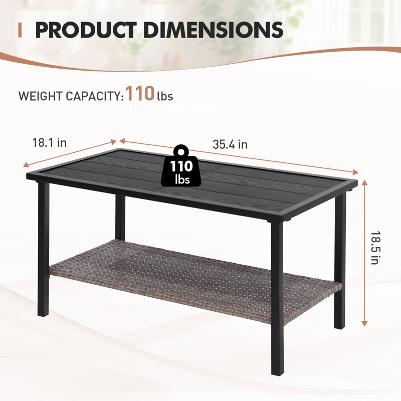 All-Weather Outdoor Metal Coffee Table, Rectangle Patio Coffee Table with Wicker Shelf Storage