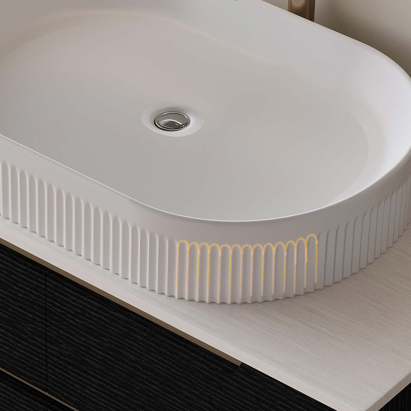 Meuble-lavabo avec lavabo et tiroirs à fermeture en douceur, bois d'ingénierie imperméable, options d'installation polyvalentes pour les salles de bain modernes et classiques.
