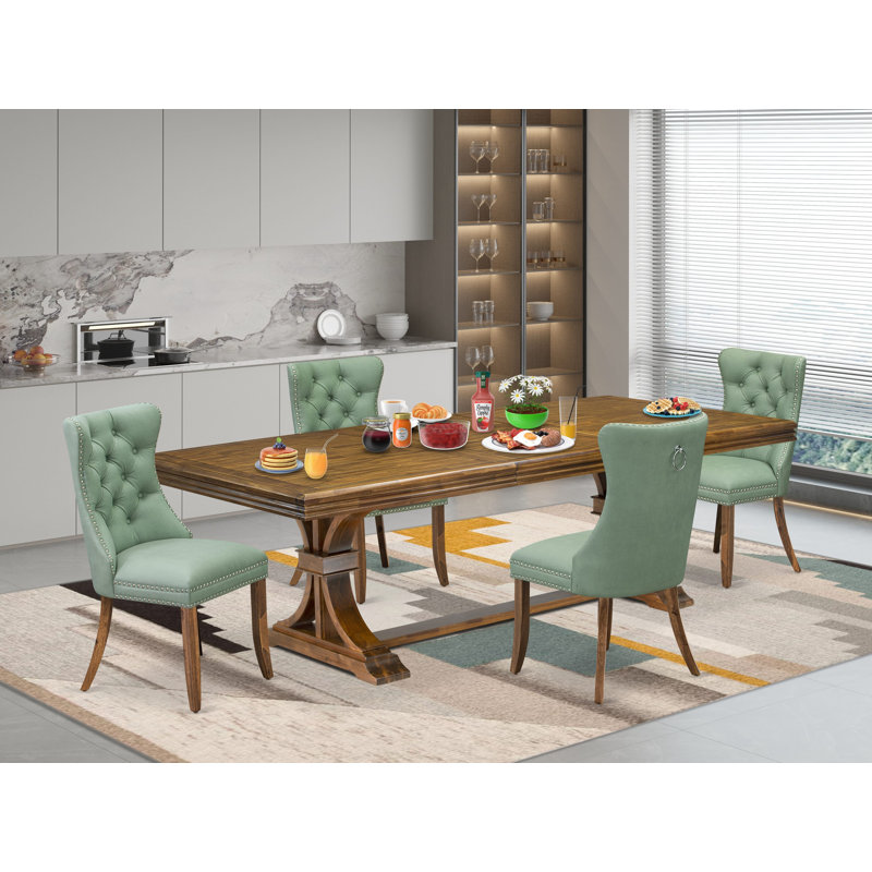 L'ensemble de table de cuisine 5 pièces comprend une table de salle à manger et 4 chaises de salle à manger modernes en polyester vert Willow avec dossier capitonné - Finition noyer antique
