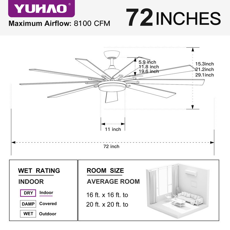 Ventilateur de plafond 72 po en nickel brossé Majlis avec lumières DEL et 9 pales argentées