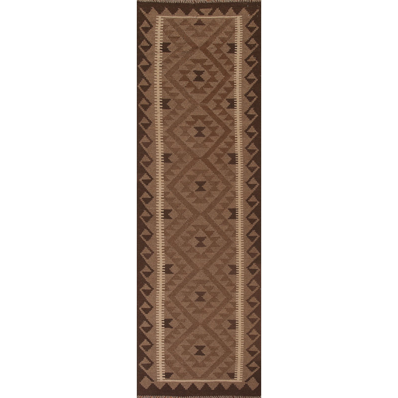 Brown Geometric Kilim Runner Rug 3x9