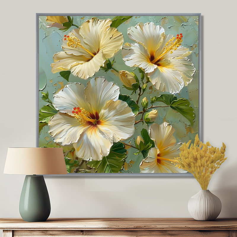 Hibiscus blanc et vert, Toile argentée avec cadre flottant, H 30 po x l 30 po x P 1 po
