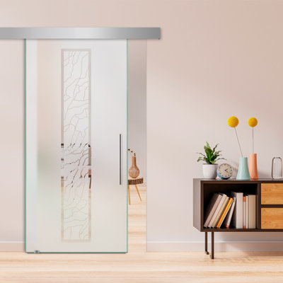 Porte de grange coulissante en verre sans cadre avec design moderne givré + ensemble de quincaillerie (semi-privée)