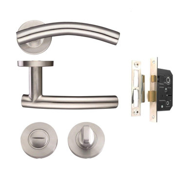 Golden Grace Arched T-Bar Bathroom Door Handle Lever on Round Rose Furniture in Stainless Steel Finish with Screws and Fixings