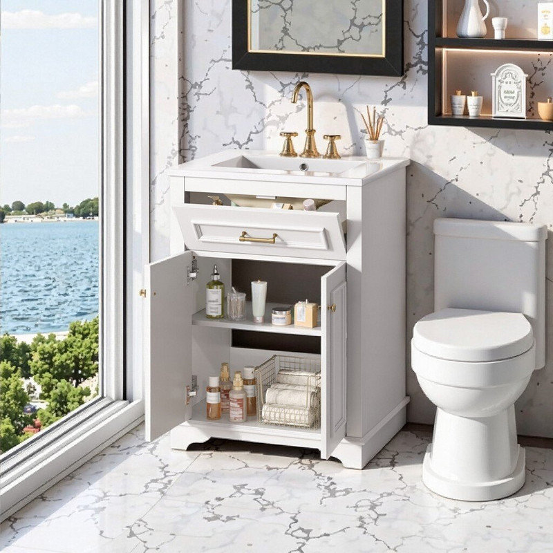 Meuble-lavabo de 24 po avec lavabo en céramique intégré, Blanc