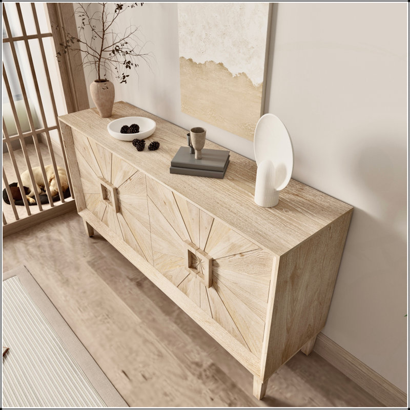 Crédence de style campagnard rustique de 60 pouces de qualité supérieure, élégante avec portes symétriques Sunburst, meuble télé robuste et tablettes réglables