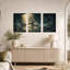Ensemble de 3 toiles murales représentant un paysage fantastique de grotte baigné de rayons de soleil dorés-613629157
