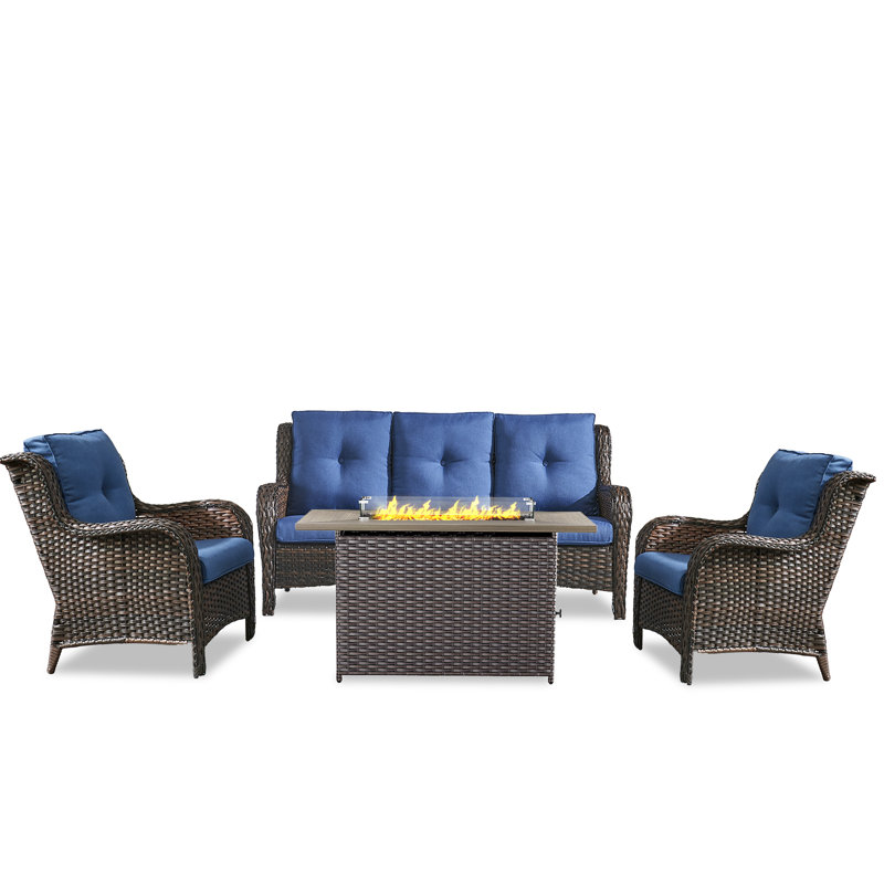 Ensemble de conversation à canapé pour 5 personnes Carolina avec foyer et coussins, Bleu/brun