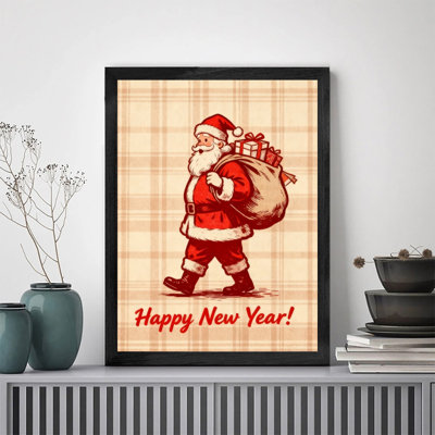 Reproduction d'art encadré noir, nouvel an, père Noël, art mural rétro festif