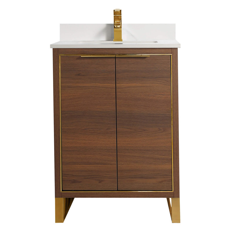 Minday 24'' Single Bathroom Vanity with Stone Top, Satin Brass, Walnut Ebony