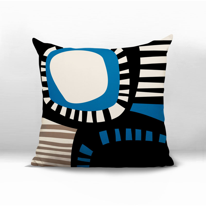 Oreiller carré réversible intérieur / extérieur Alika, Turquoise / noir / blanc cassé abstrait, H 15 po x l 15 po