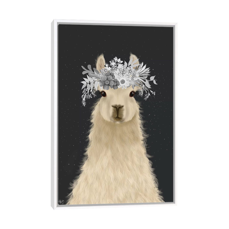 " Llama White Flowers " by Fab Funky, White Framed Canvas, No Matte, 40" H x 26" W x 1.5" D