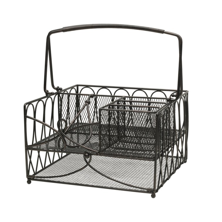 Black Metal Mesh Kitchen, Picnic Buffet Caddy for Utensils, Plates, and Napkins with Handle