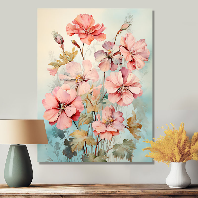 Fleurs de géranium roses sur fond bleu clair rétro - géraniums, Sans cadre, métal, H 20 po x l 12 po