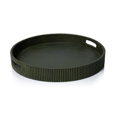 Plateau rond en cuir vert cannelé