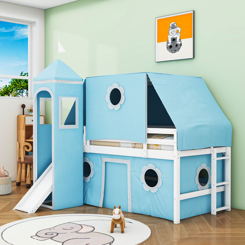 Twin Castle Loft Bed With Playhouse Design And Slide, Blue
