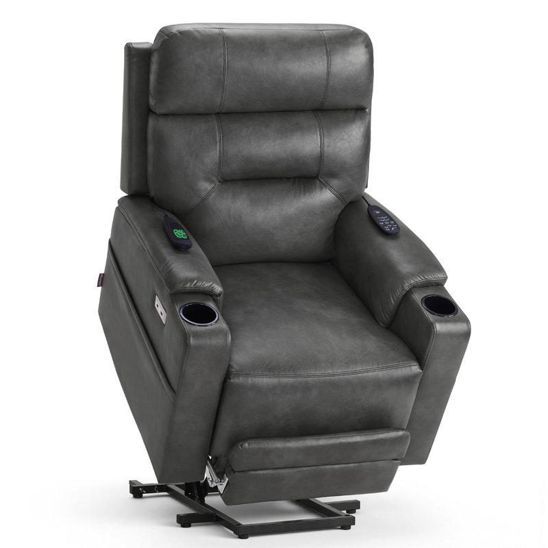 Dual Motor Lay Flat Power Recliner Lift Chair with Heat and Massage, Faux Leather, Grey