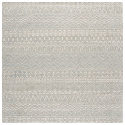 Geometric Handwoven Wool Area Rug in Aqua/Ivory
