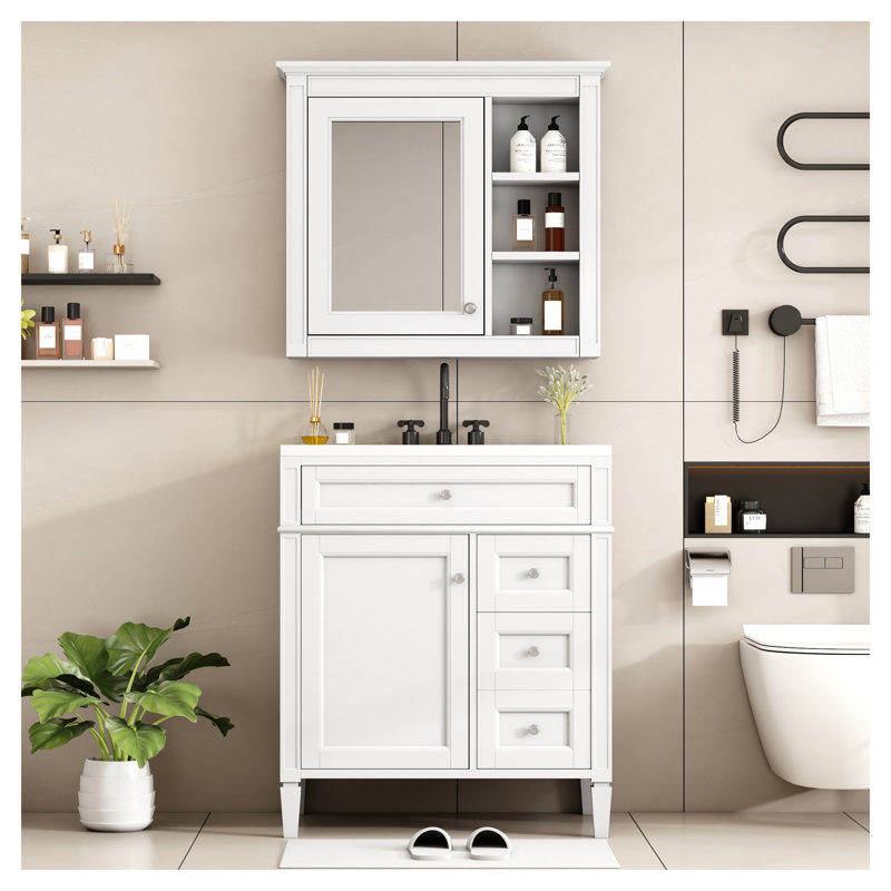 Meuble-lavabo blanc de 30 pouces avec lavabo intégré, armoire en bois massif et panneau de fibres à densité moyenne, console de rangement moderne