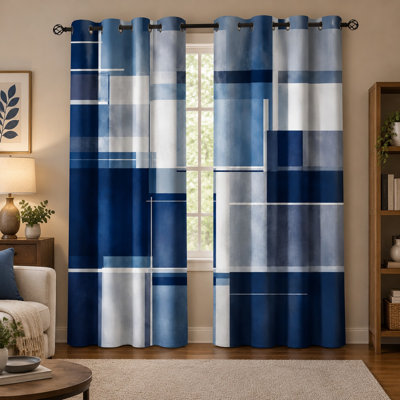 Ensemble de 2 rideaux géométriques abstraits bleus et blancs, motifs modernes inspirés de l'art, occultants et antibruit, protégeant de la lumière et de la lumière, parfaits pour la chambre, le salon, la cuisine et la décoration intérieure.