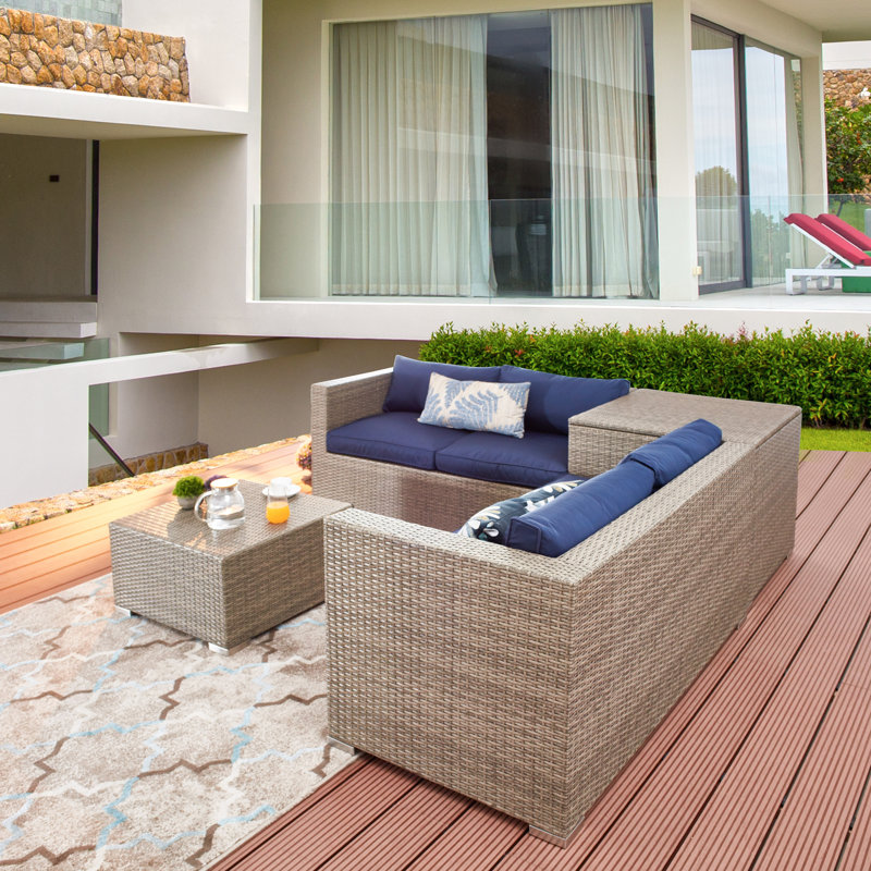 Ensemble modulaire d'extérieur en osier 4 pièces avec coussins bleus PE