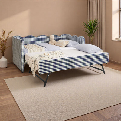 Cozy Gingham Daybed With Trundle Twin Size Sofa Bed No Box Spring Needed, With USB Port And Adorable Wave Shaped, Linen Fabric by Harper Orchard
