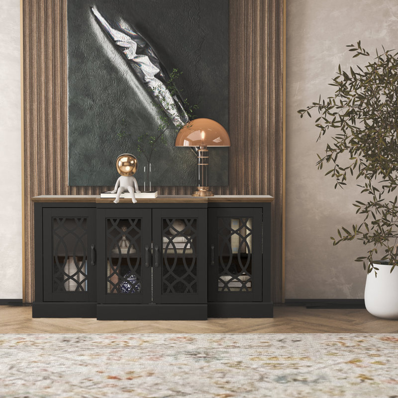 Buffet large 4 portes Eleana, Noir / chêne noueux