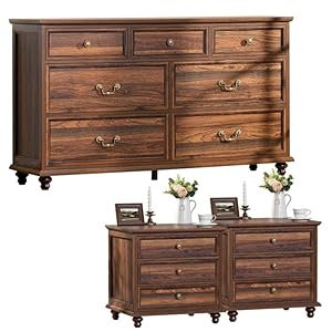 Farmhouse Dresser and Nightstand Sets 3 Piece, Nightstands Set of 2 and 7 Drawers Dressers for Bedroom, 54" Wide Dresser and 24" Inch Night Stand Set
